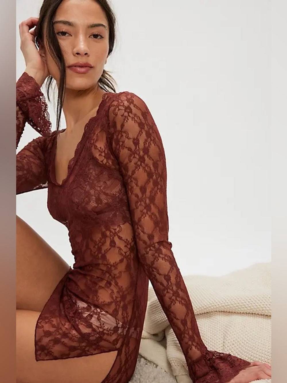 Free People Just Looking Tunic Sheer Lace Toasted Cocoa xs